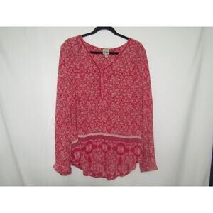 Como Vintage Women’s XL Blouse Red Boho Floral Long Sleeve Rayon Tunic Top